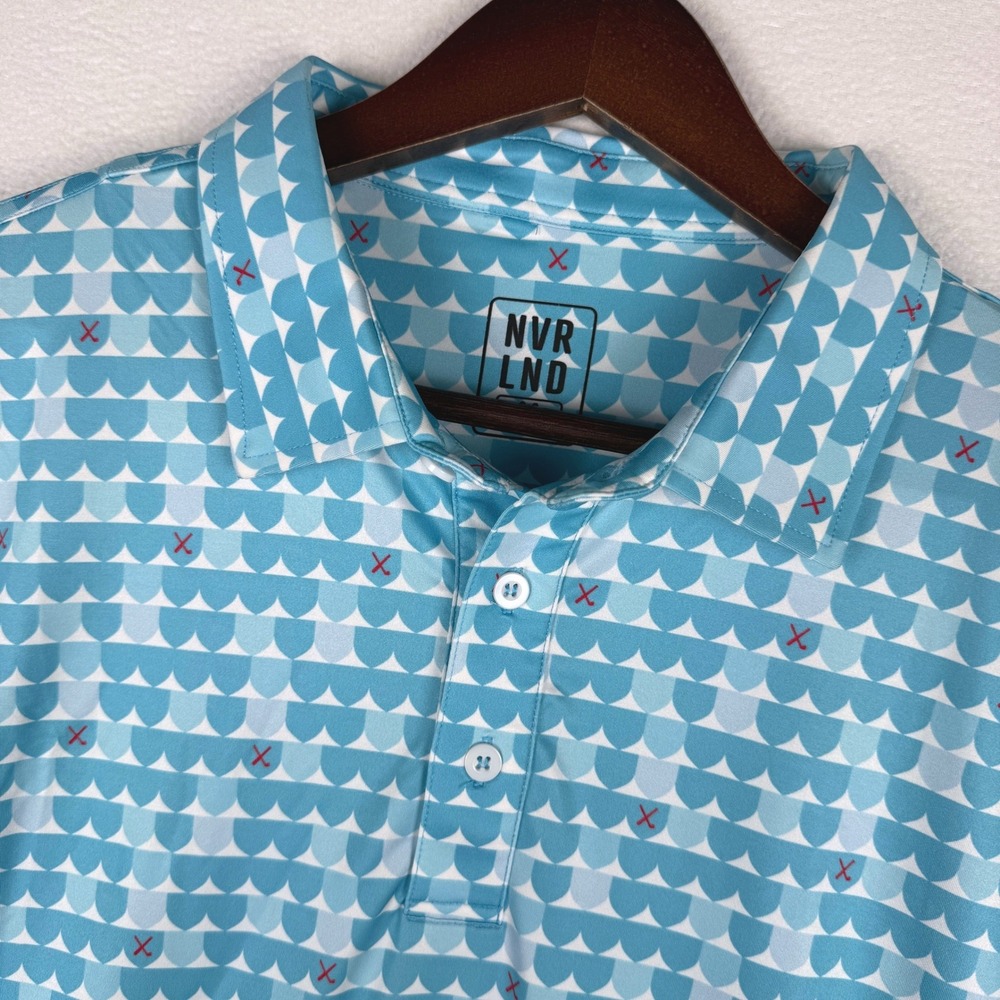 NVR LND Polo Shirt Mens Large Blue Killebrew Thompson Golf S/S Geometric AOP